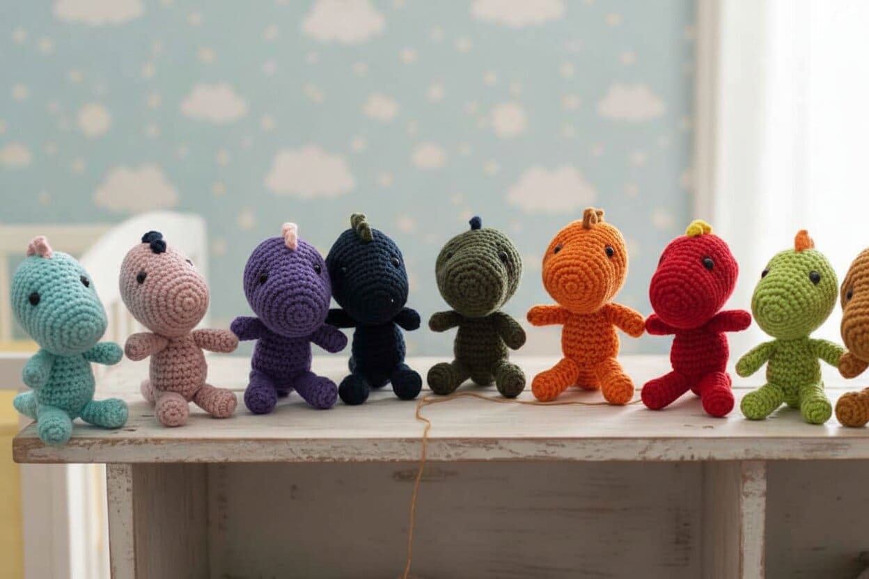 Row of colorful crochet toys on a shelf with a baby crib and basket in the background.