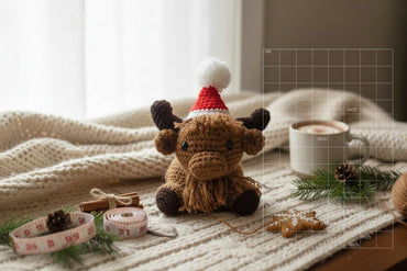 Small brown plush toy with a Santa hat on a textured surface with a cup of coffee and Christmas decorations.