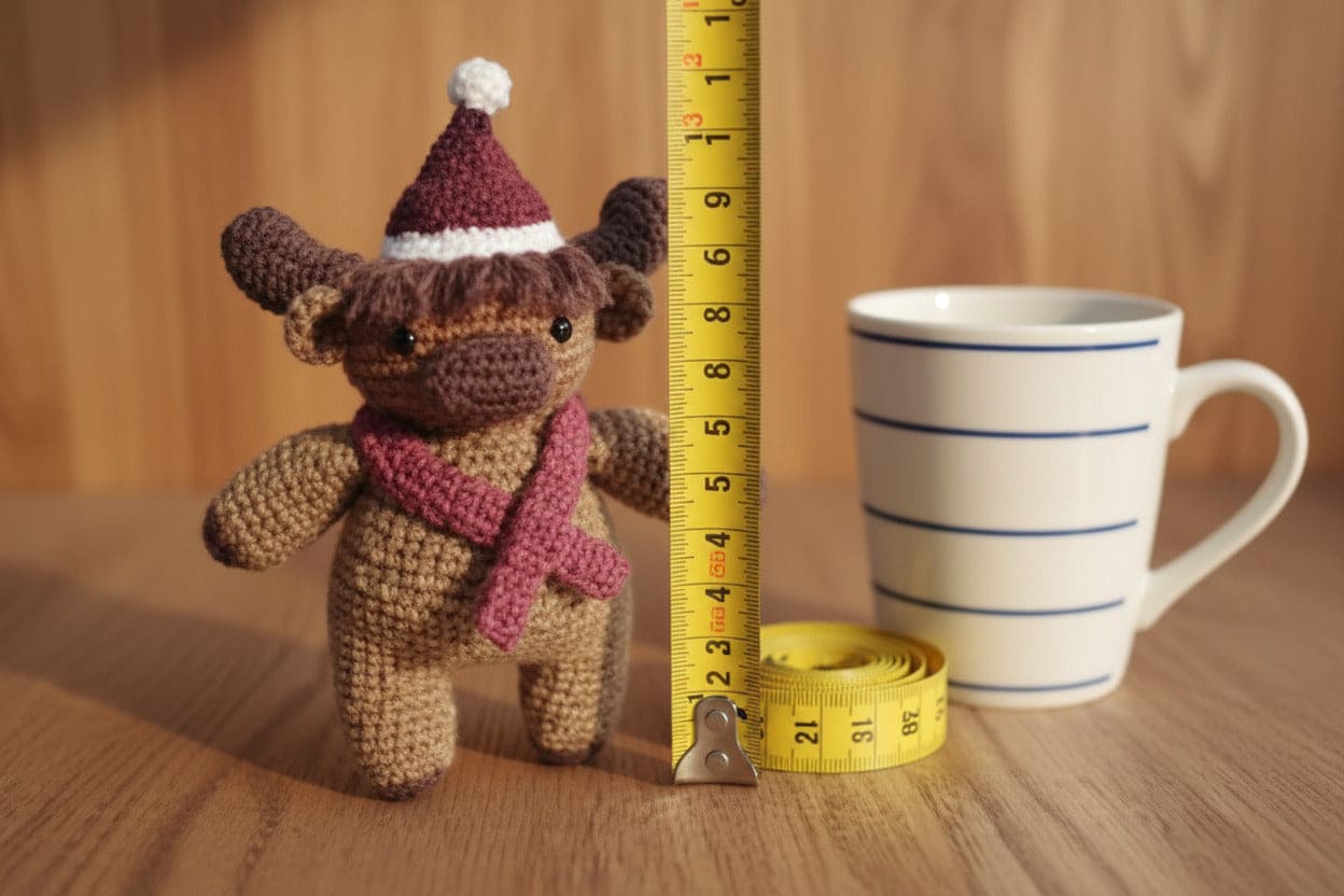 Crocheted cow with a measuring tape and mug on a wooden surface