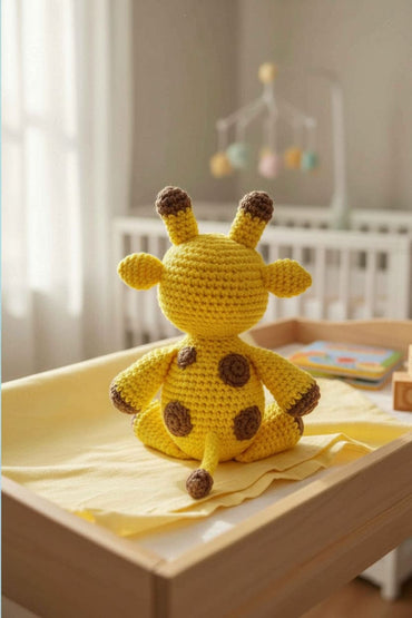 Crocheted giraffe toy on a changing table in a nursery