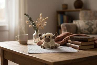 Small plush cow toy on a wooden table with a cup, books, and a vase in a cozy room.