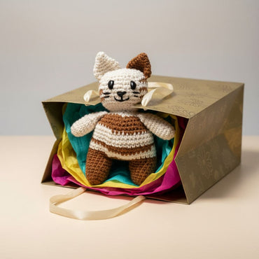 Crocheted cat toy inside a colorful gift bag on a beige surface.