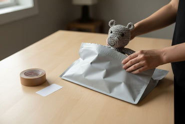 Person preparing a package with a stuffed animal toy on a wooden table.