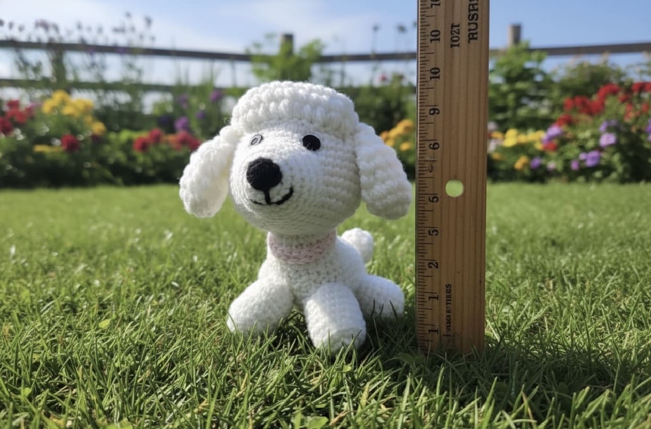 White crocheted dog toy next to a ruler on grass with flowers in the background