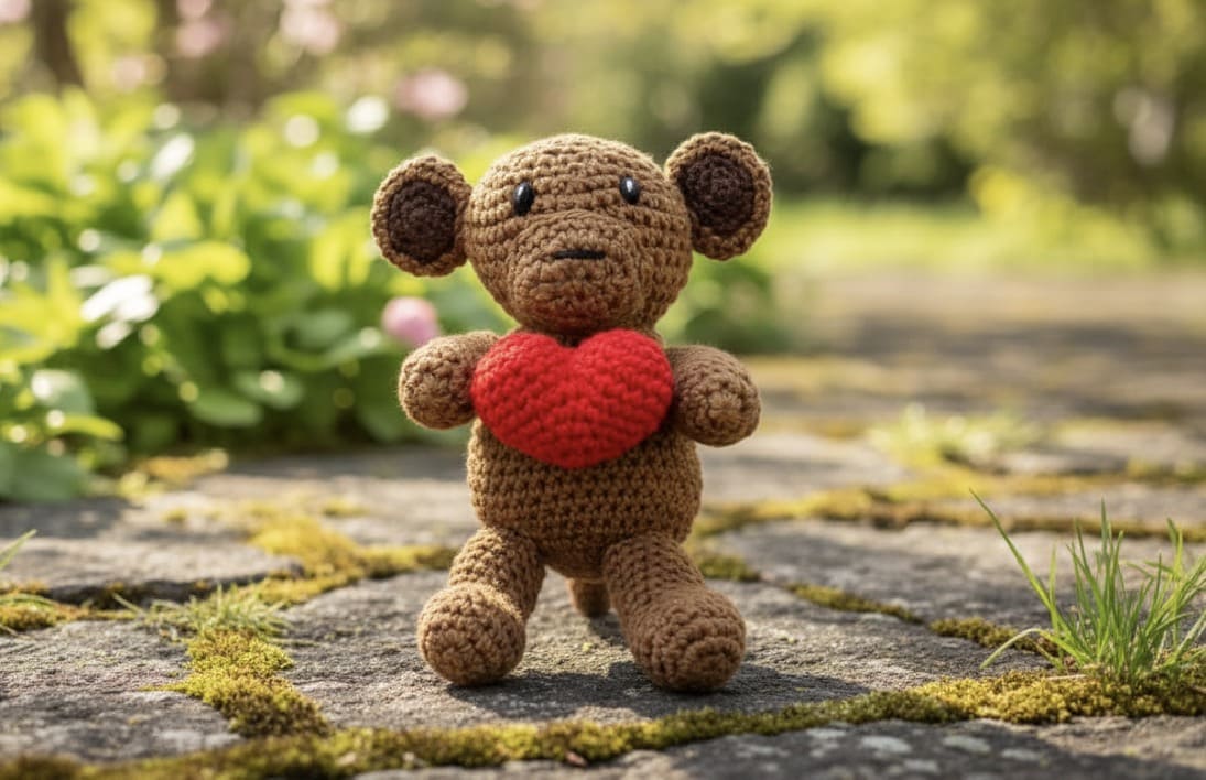 Crocheted monkey holding a red heart on a stone path with greenery in the background