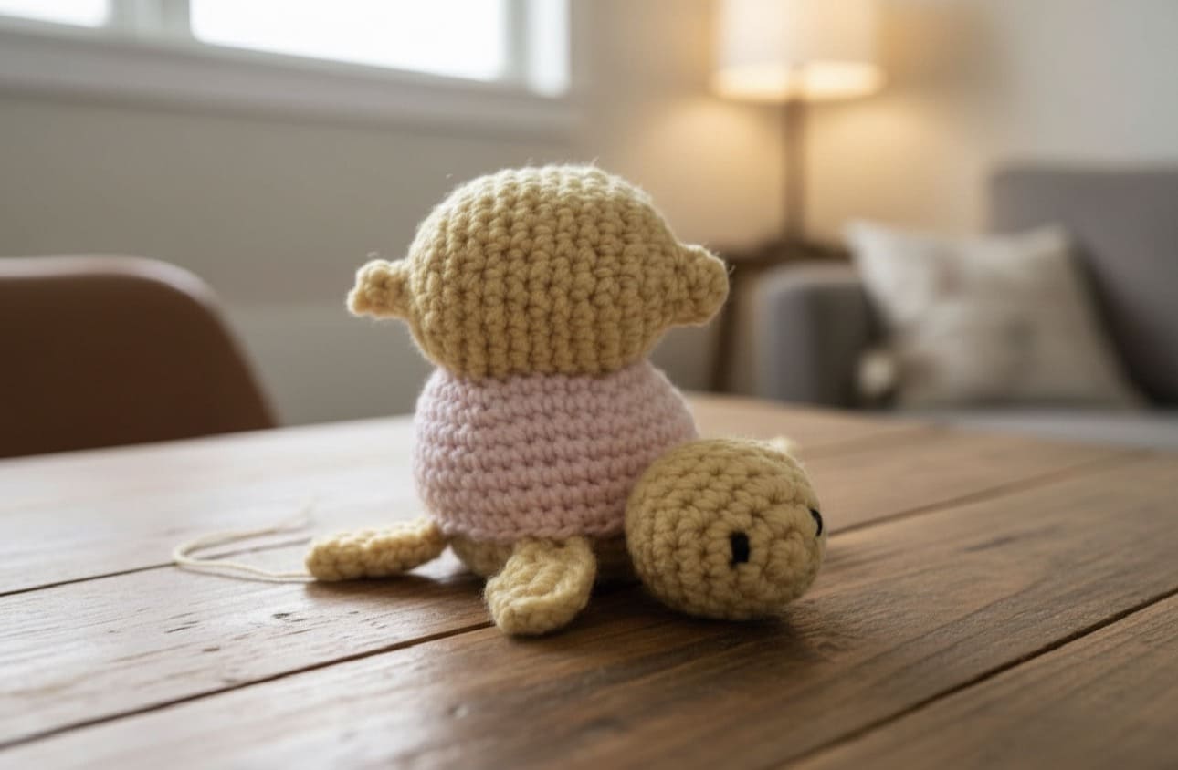 Crocheted turtle toy on a wooden table with a blurred background