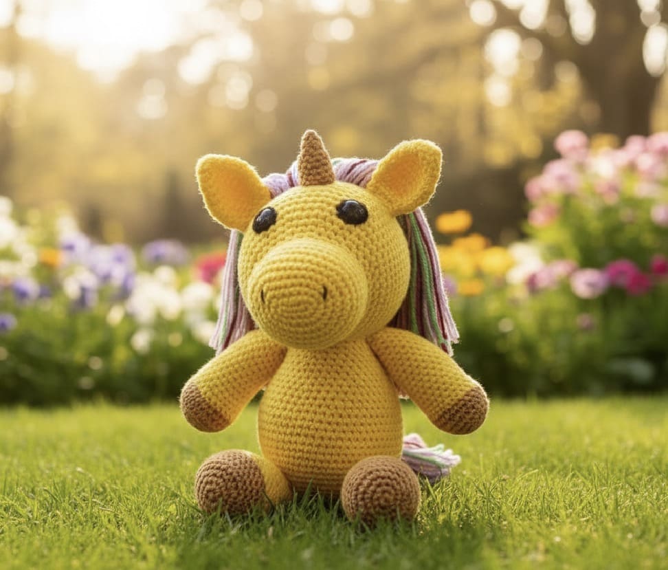 Crocheted unicorn toy with a colorful mane sitting on grass with flowers in the background