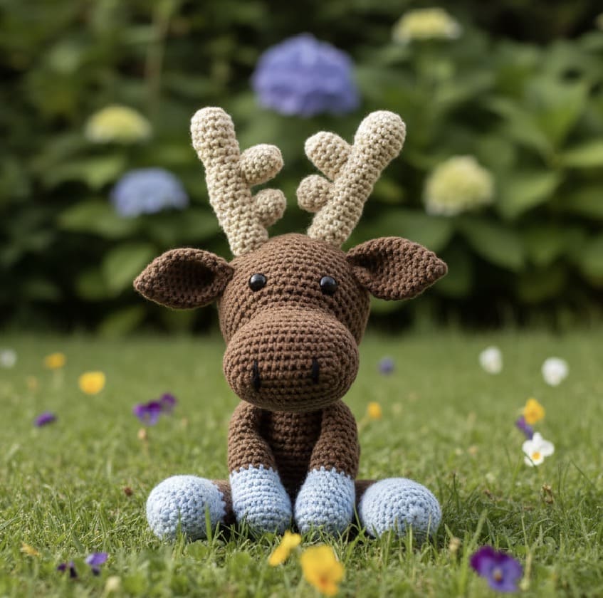 Crocheted moose toy on grass with flowers in the background