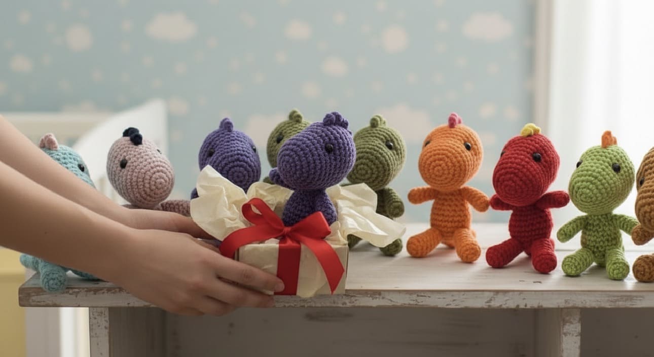 Colorful crocheted toys lined up on a table with a hand holding a gift box.