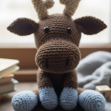 Crocheted moose toy on a surface with books and wooden blocks in the background