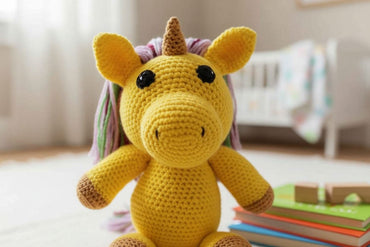 Yellow crochet unicorn toy on a surface with books in the background