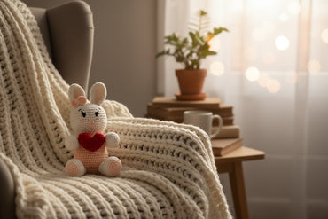 Plush toy rabbit with a red heart on a cozy blanket in a warm, softly lit room.