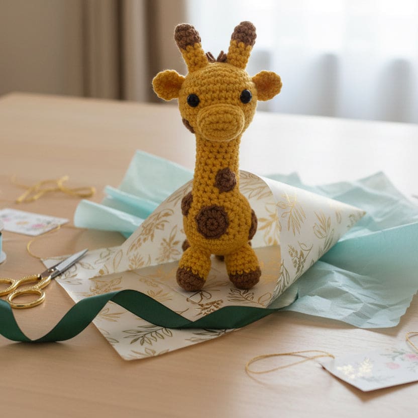 Crocheted giraffe toy on a crib with blocks and a pacifier in a nursery.