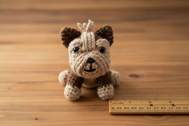 Crocheted dog next to a ruler on a wooden surface