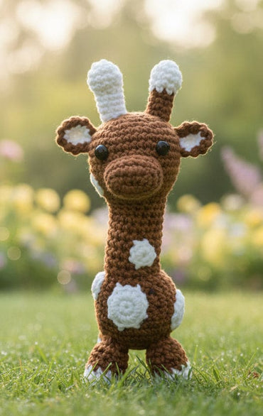 Crocheted giraffe toy on a crib with alphabet blocks and a pacifier.