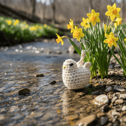 Crocheted chick keychain on a stone path with daffodils in the background