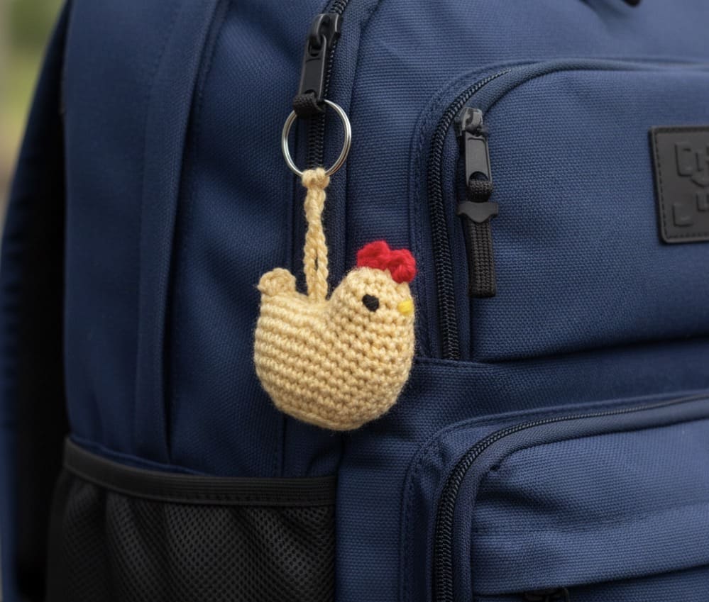 Crocheted chicken keychain attached to a blue backpack