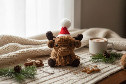 "Crocheted highland cow with Santa hat, cozy blanket, coffee, and Christmas decorations."