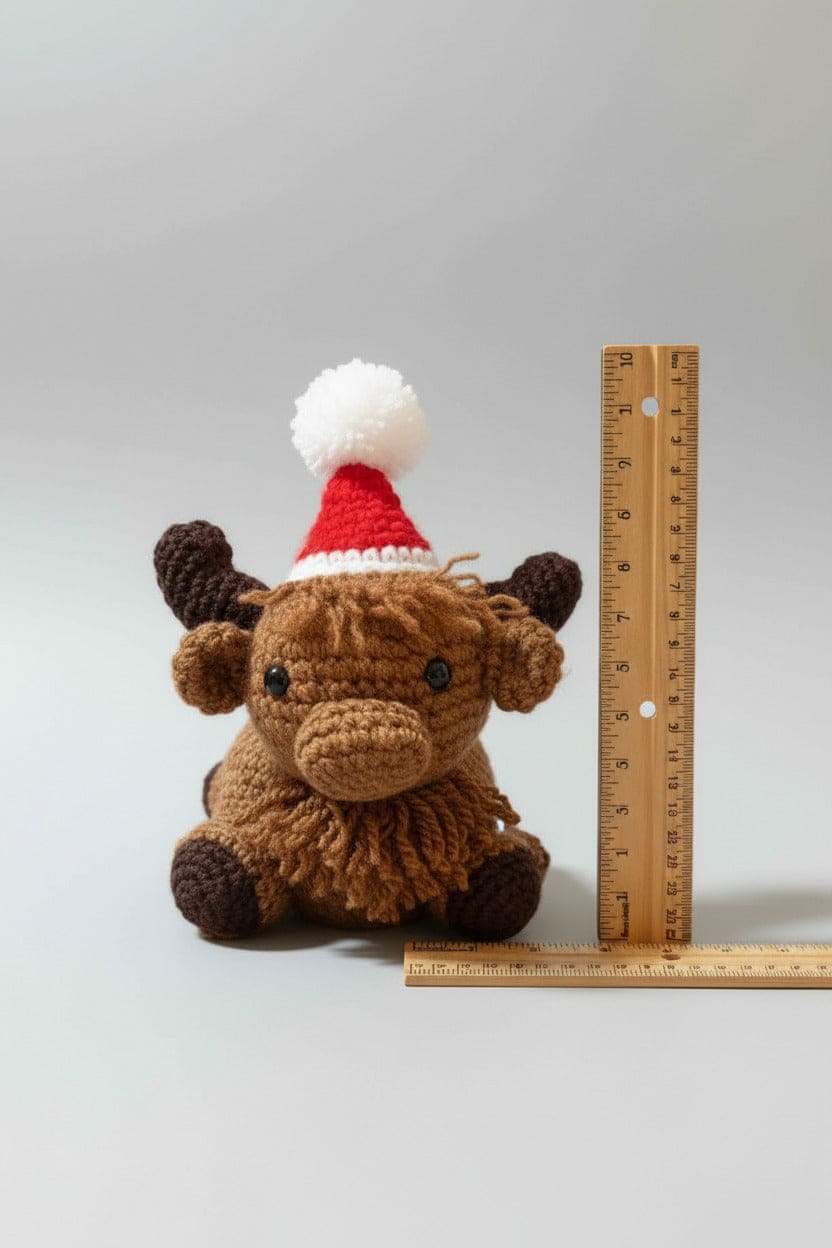 Small brown plush toy with a red and white hat next to a ruler on a light gray background