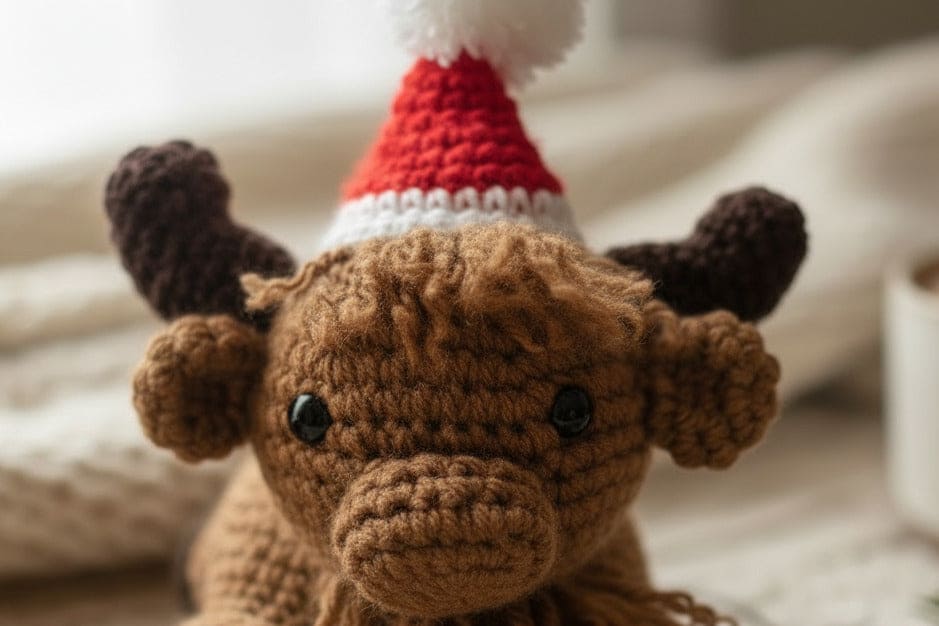 Crochet Highland Cow with a Santa hat on a soft background