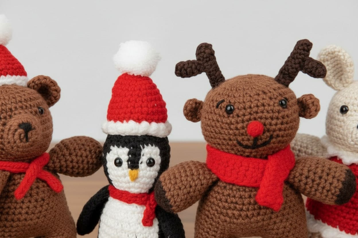 "Four crocheted Christmas toys: reindeer, penguin, bunny, and bear with scarves and hats."