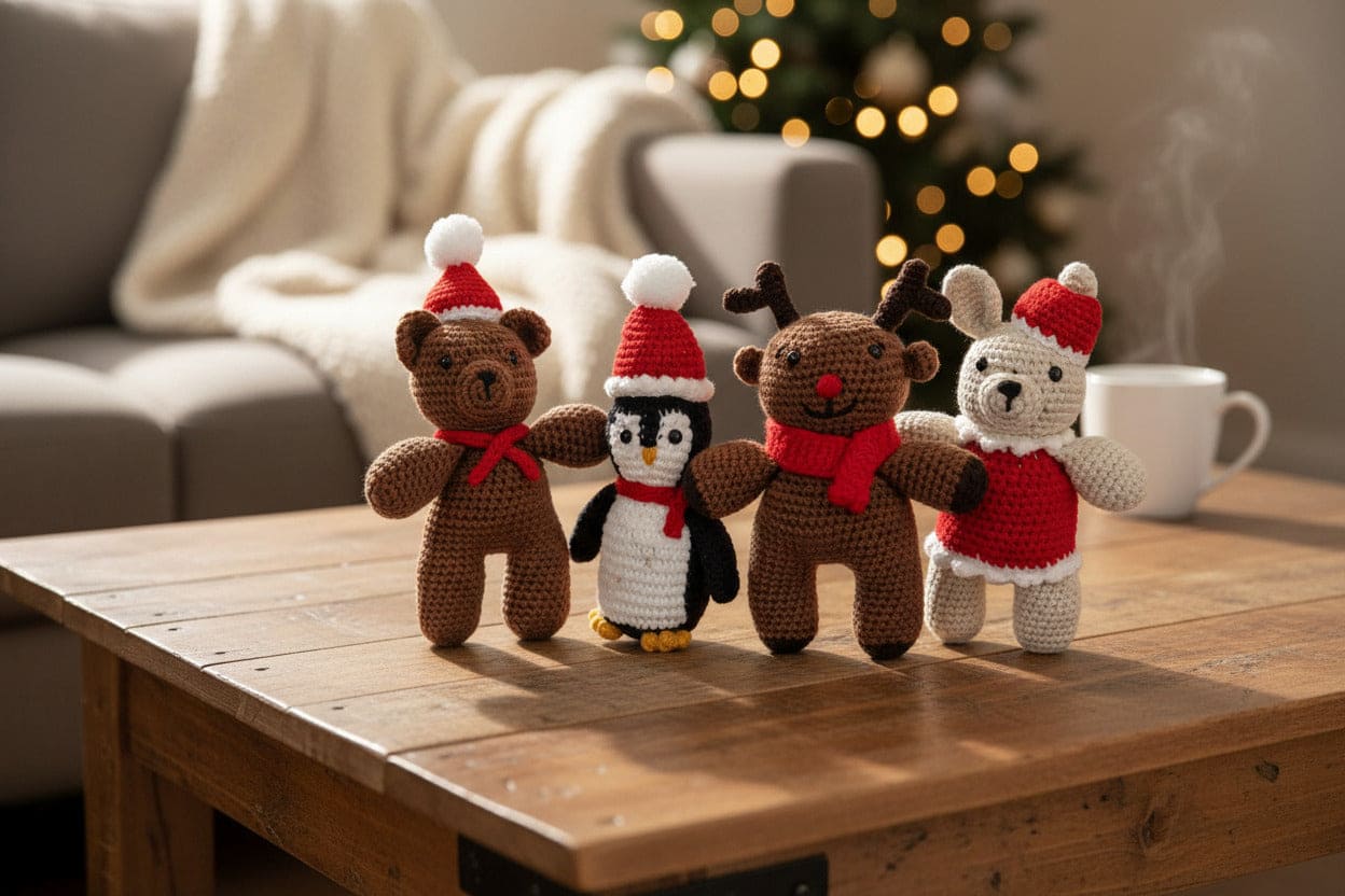 Four crochet animals in Christmas outfits on a wooden table with a blurred background