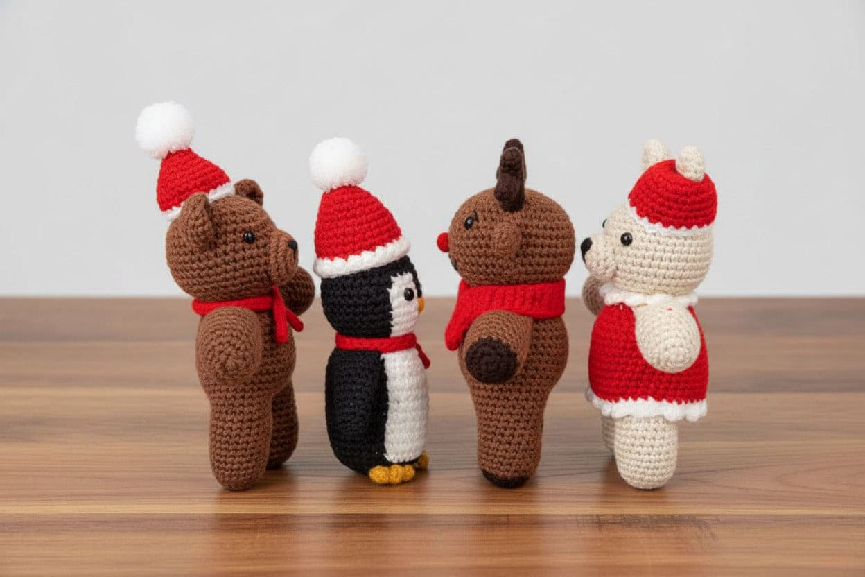 Four crochet animals wearing Christmas hats and scarves on a wooden surface.