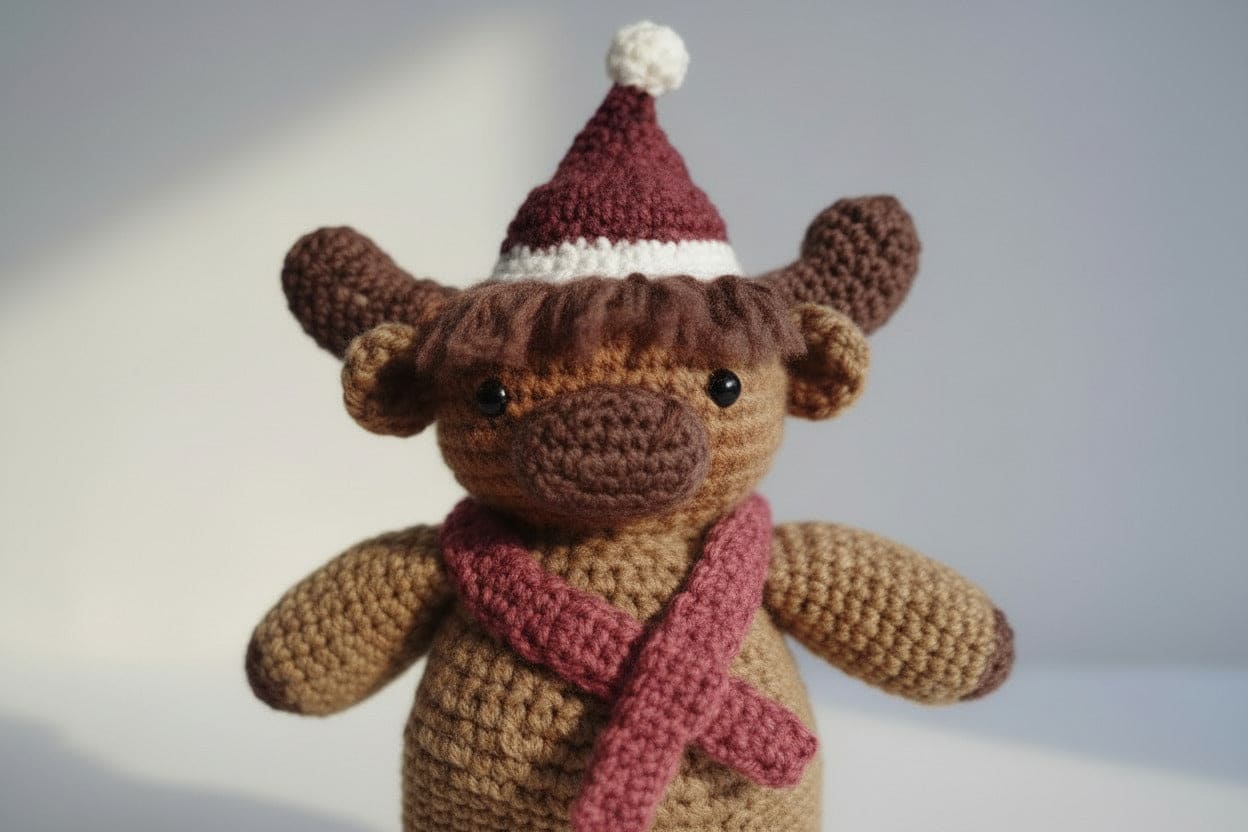Crocheted cow toy wearing a Santa hat and scarf on a light background