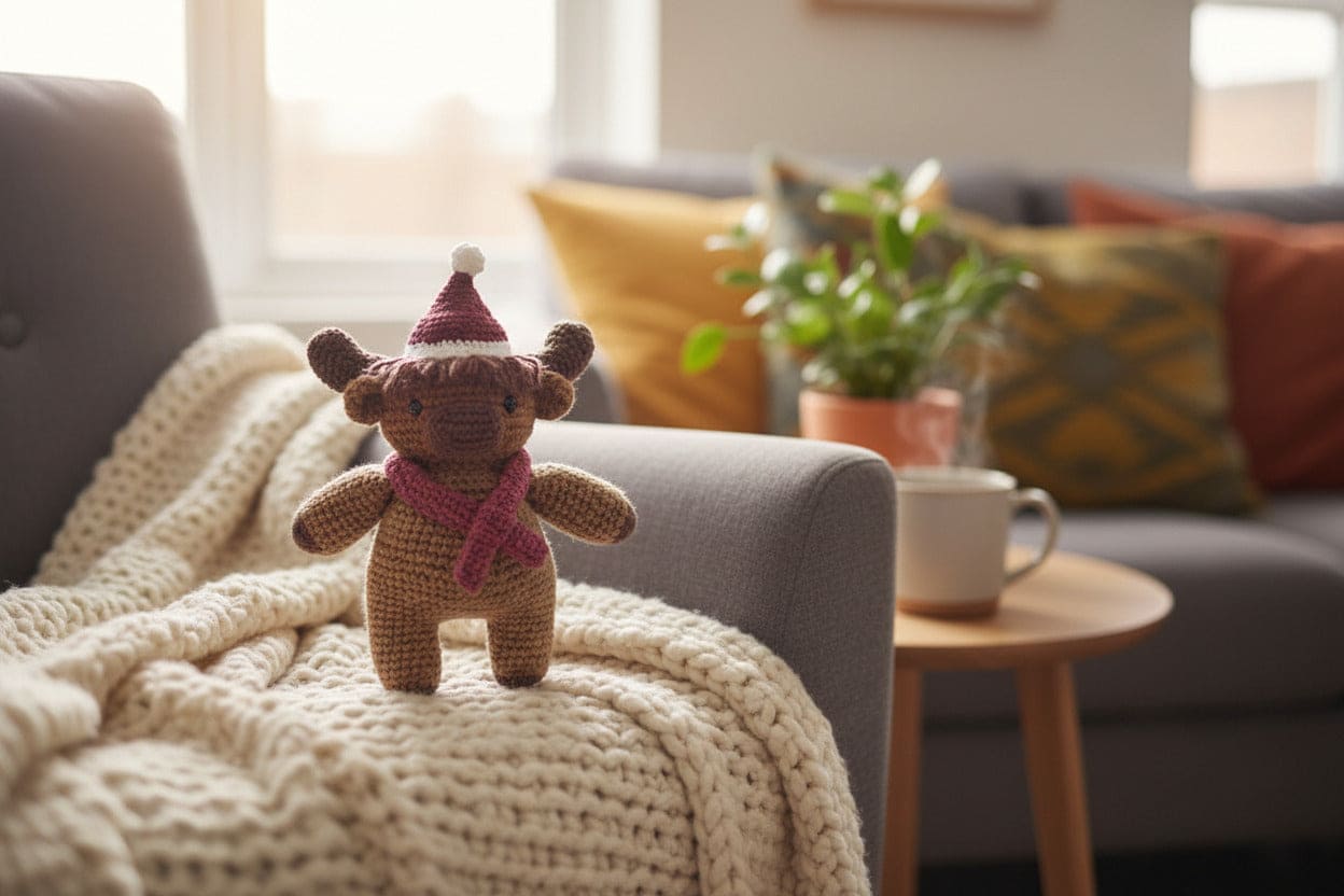 Crocheted cow toy on a blanket with a cozy living room background