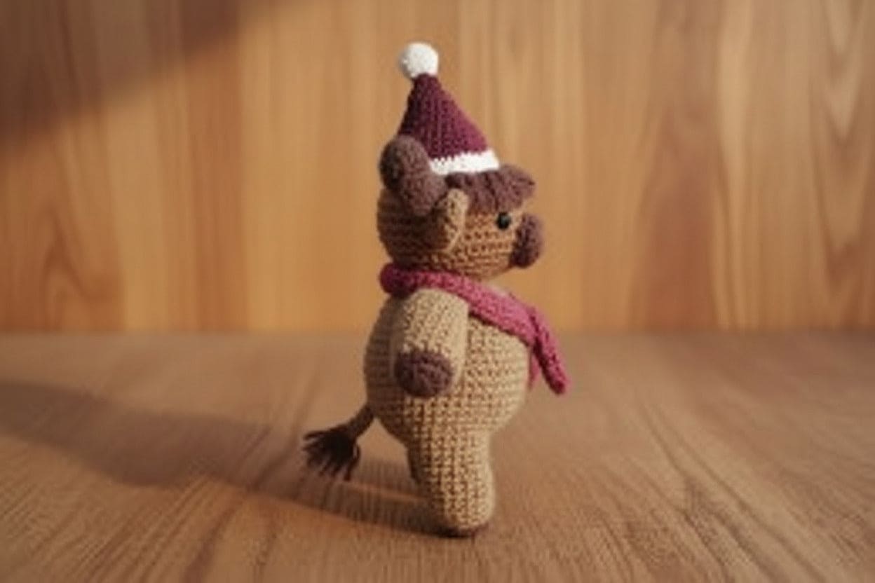 Crocheted cow figurine wearing a Santa hat and scarf on a wooden surface