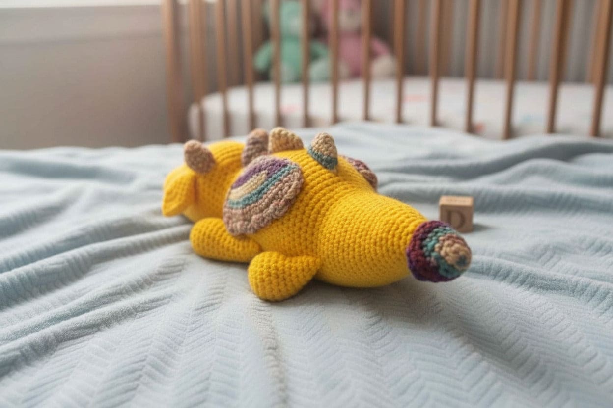 Yellow crochet dragon toy on a bed with wooden crib in the background