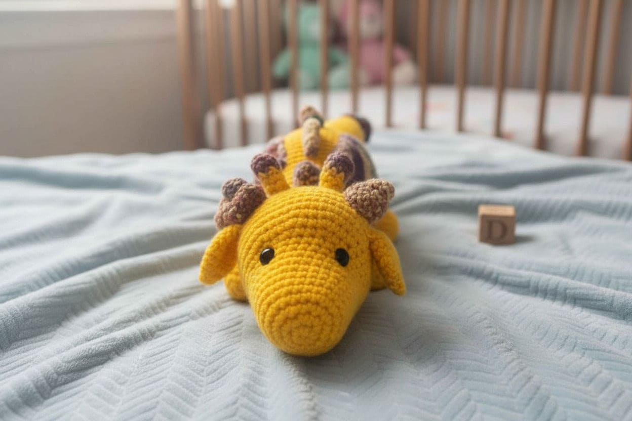Yellow crocheted dragon toy on a bed with a blurred background