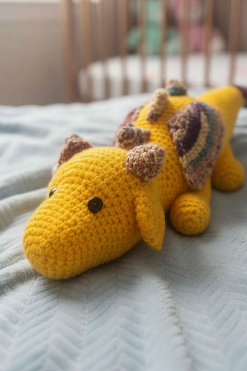 Yellow crochet dragon toy on a textured surface with a blurred background