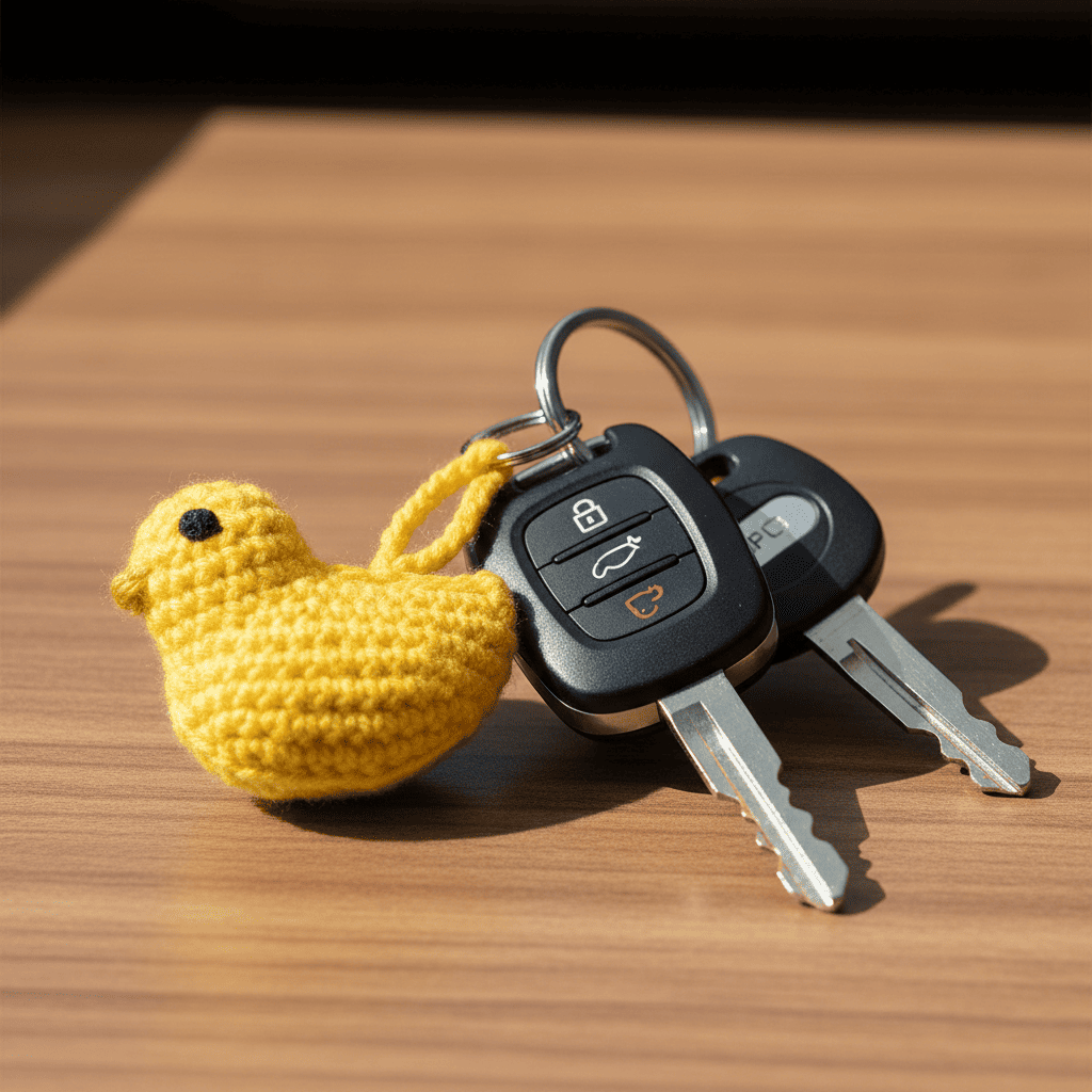Yellow crocheted duck keychain attached to car keys on a wooden surface