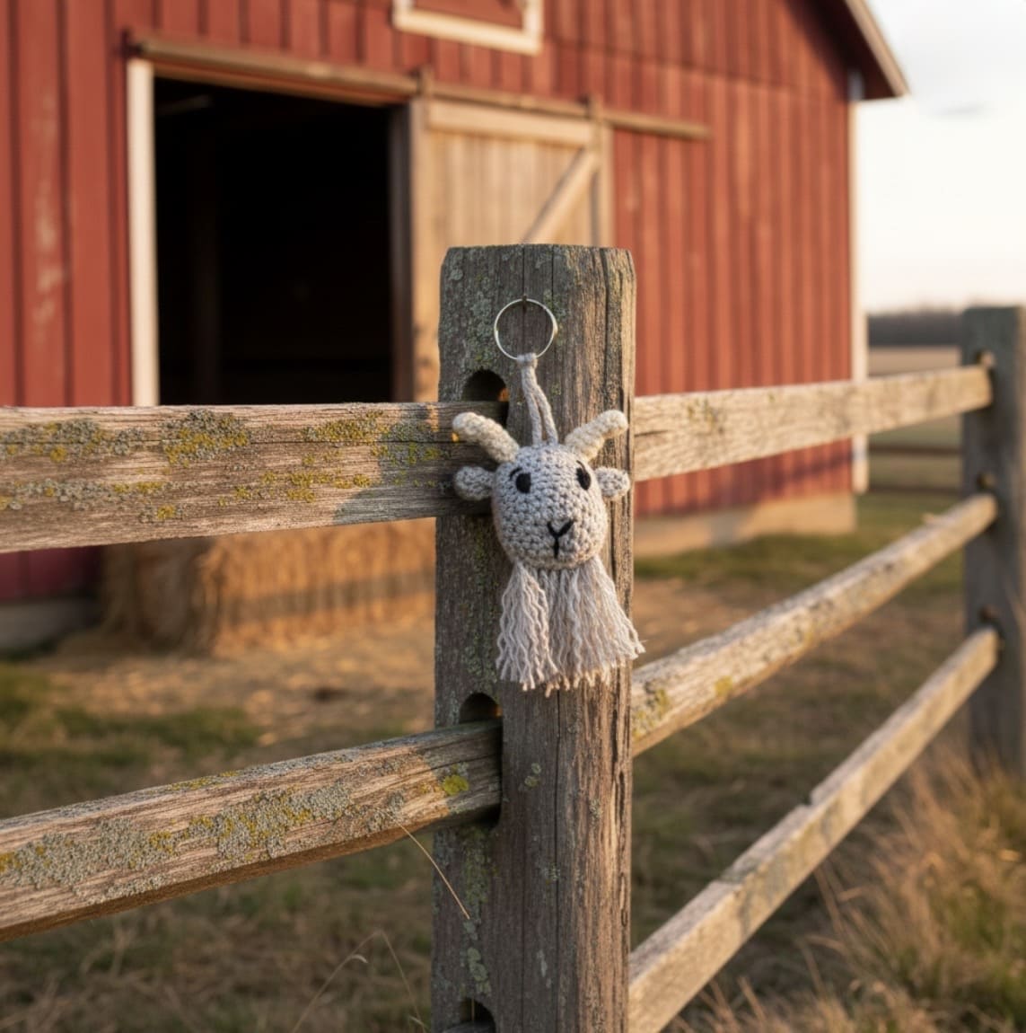 Goat keychain hanging on a wooden fence with a red barn in the background