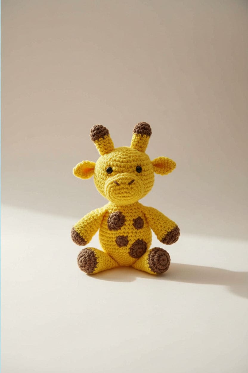 Crocheted giraffe toy on a plain background