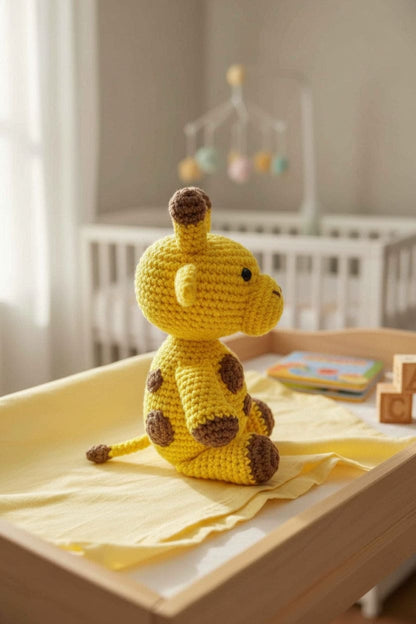 Crocheted giraffe toy on a changing table in a nursery setting