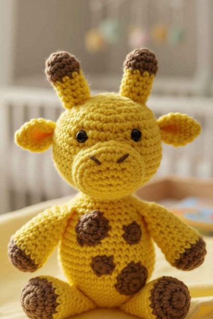 Crocheted giraffe toy with brown spots on a blurred background