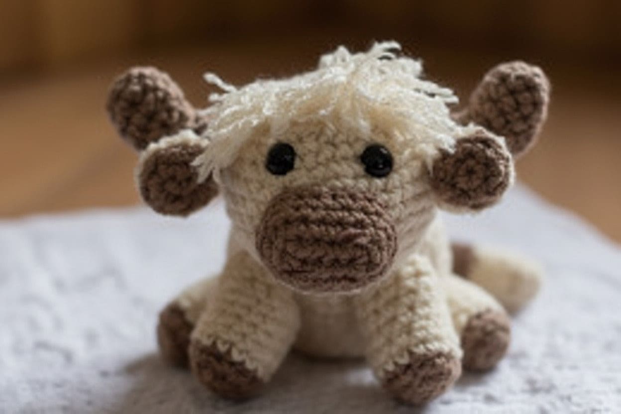 Crocheted toy on a soft surface with a blurred background