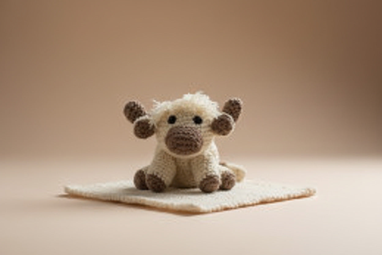 Crochet cow toy on a beige blanket with a beige background