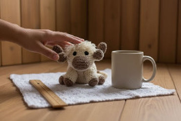 Handmade plush cow toy on a wooden surface with a mug and ruler.