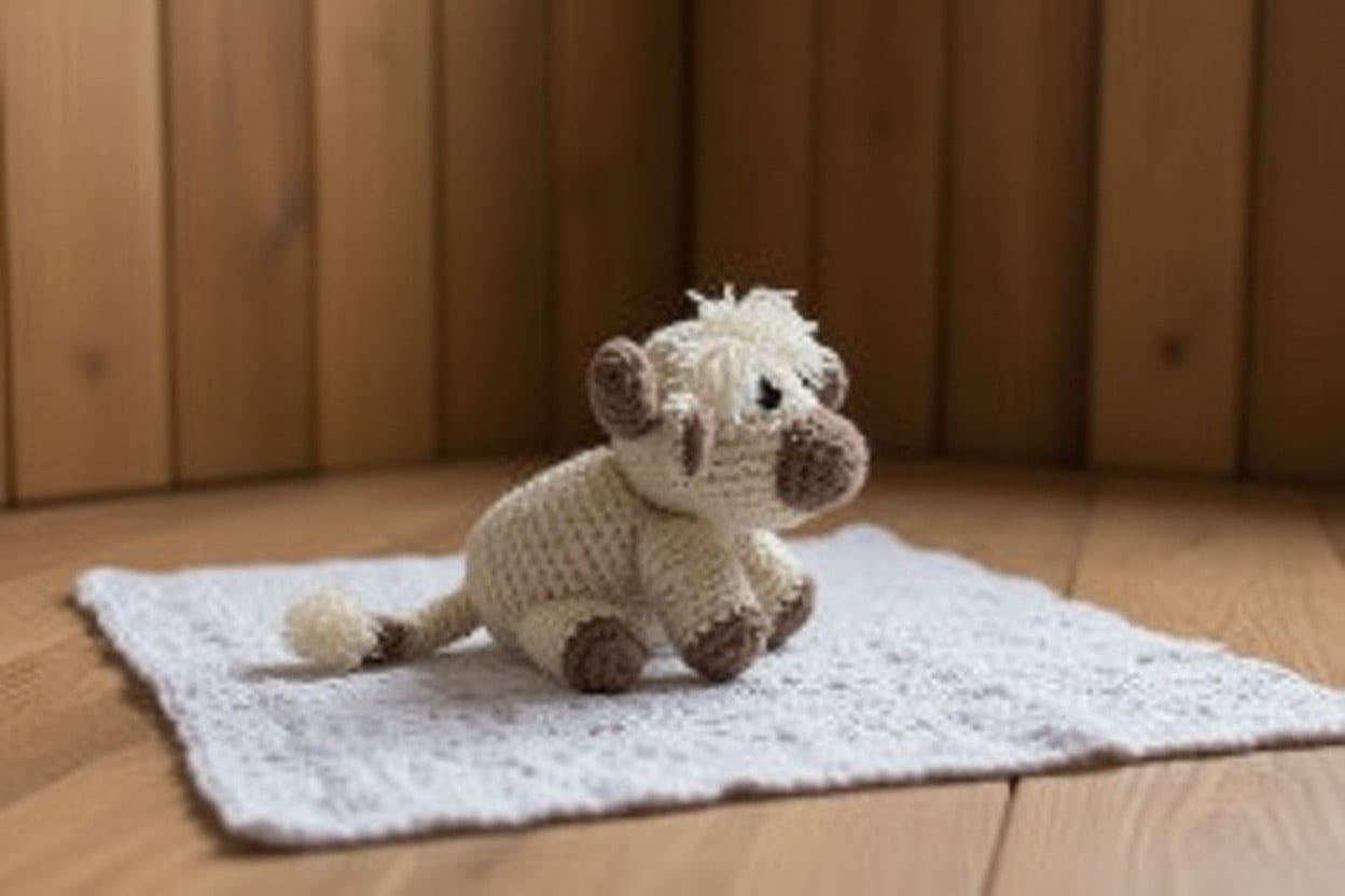 Crocheted toy on a textured blanket with wooden floor and wall background