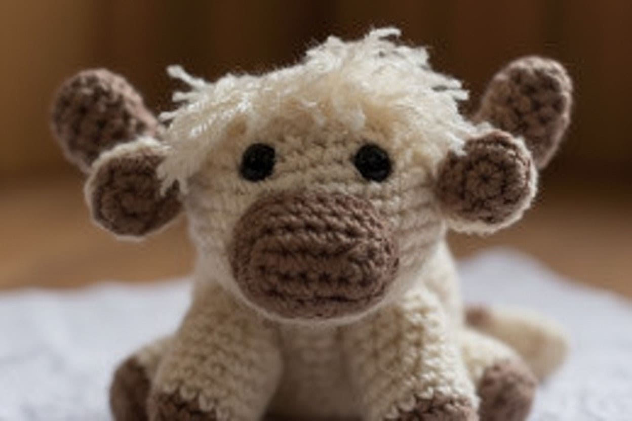 Crocheted toy on a soft surface with a blurred background