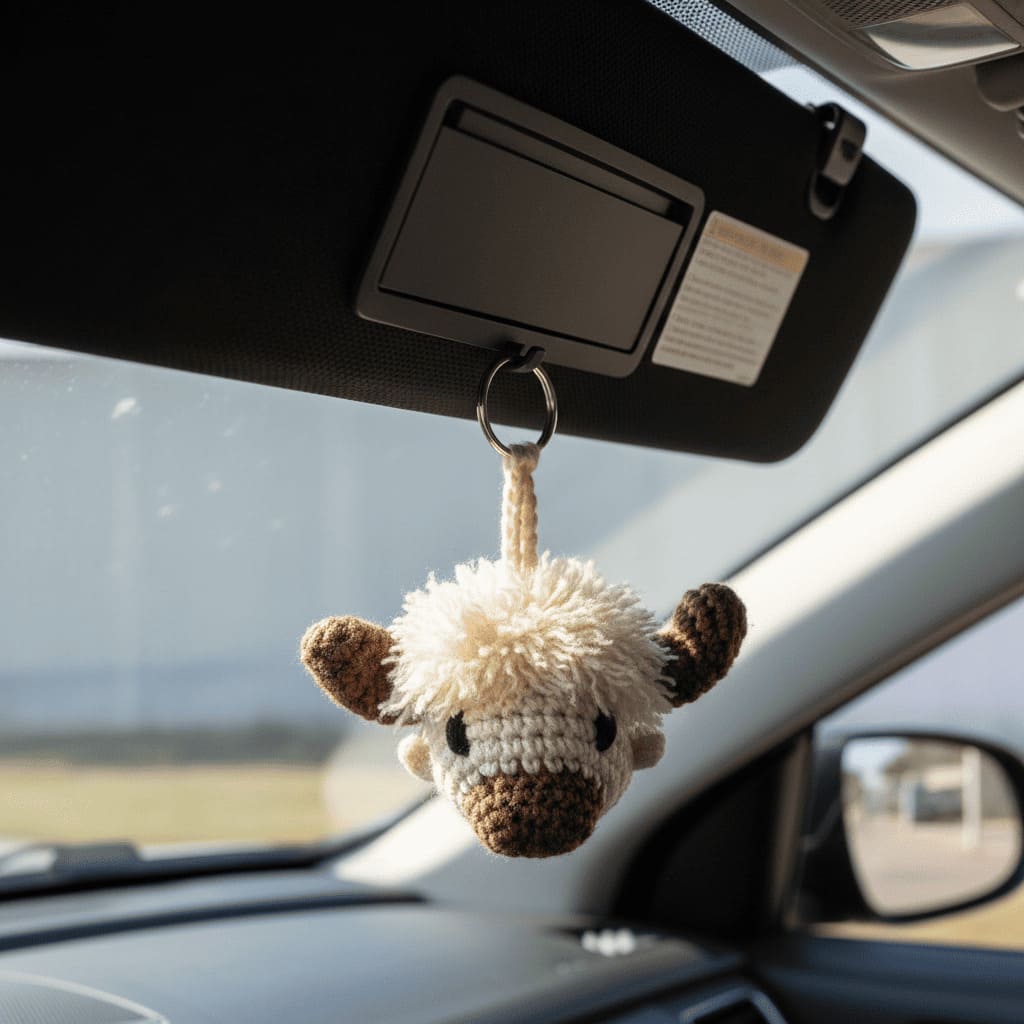 Crocheted highland cow hanging from a car's rearview mirror.