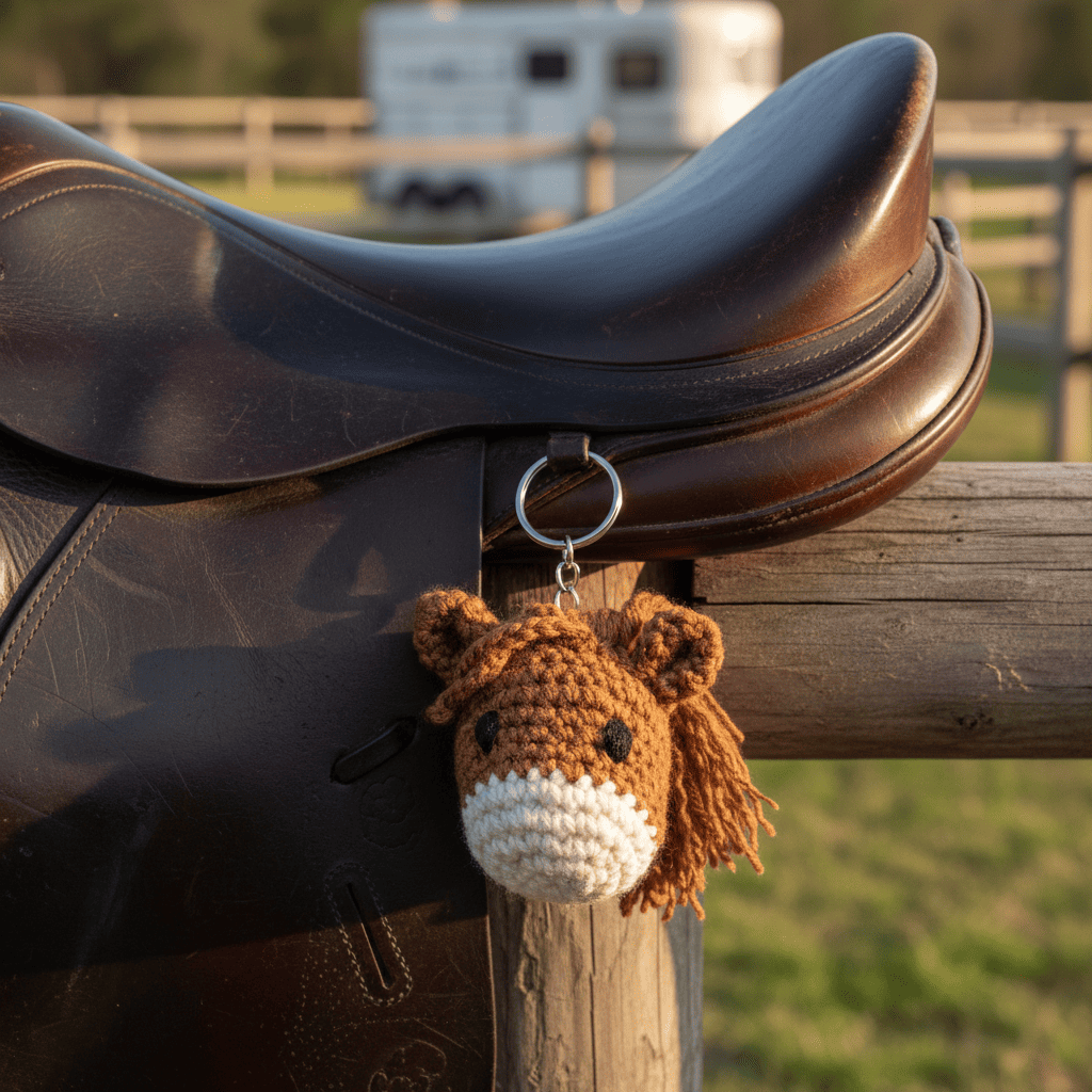 Brown saddle with a horse keychain on a wooden post, set against a blurred outdoor background.