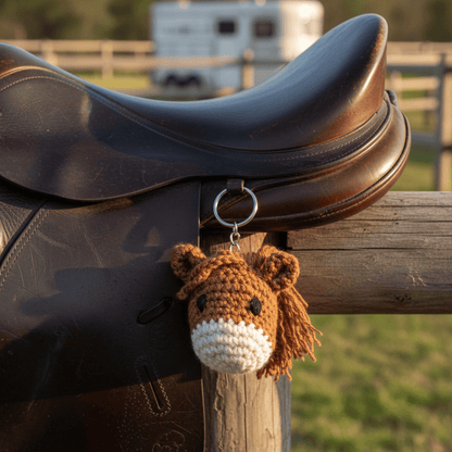 Brown saddle with a horse keychain on a wooden post, set against a blurred outdoor background.