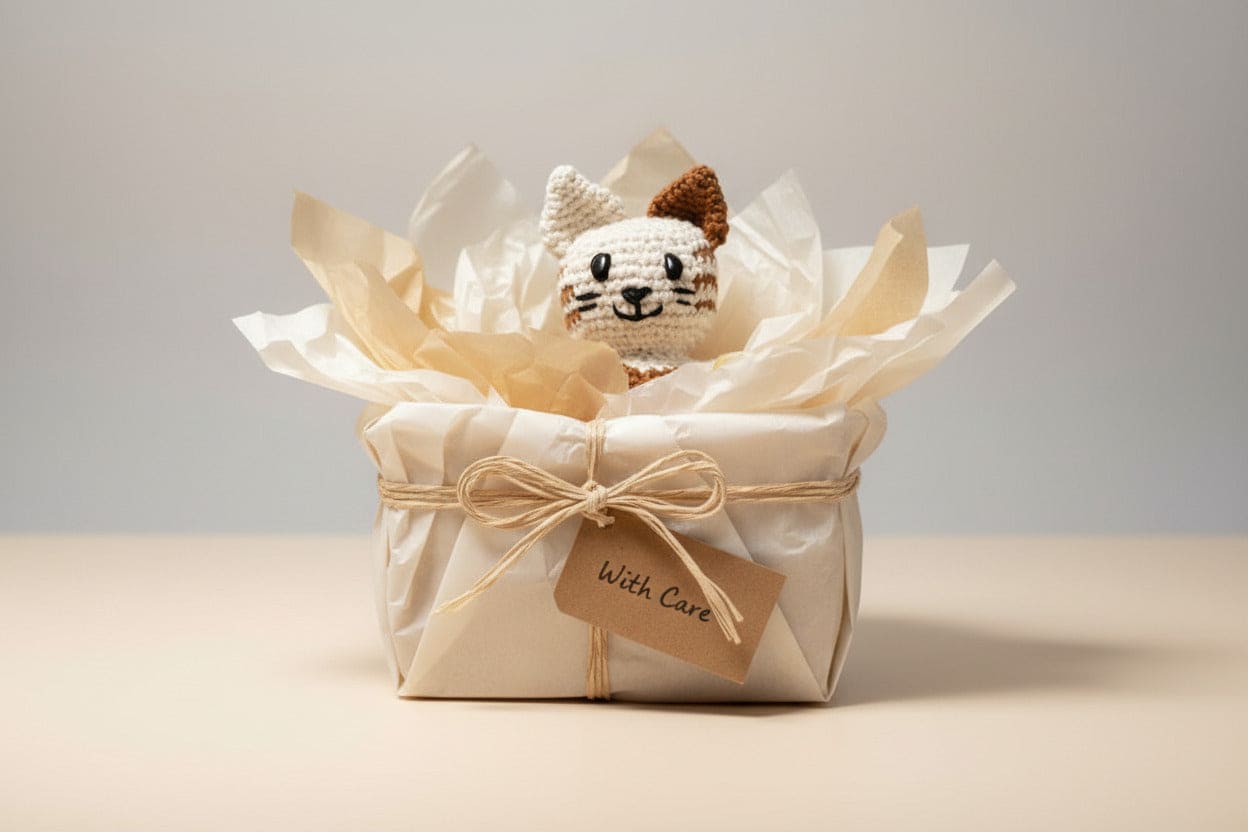 Small crochet cat toy in a gift box with tissue paper on a neutral background