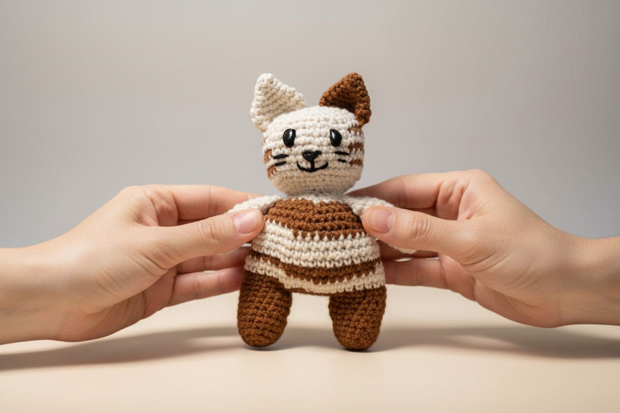 Handmade crochet cat held between two hands against a neutral background