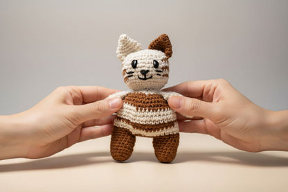 Handmade crochet cat held between two hands against a neutral background