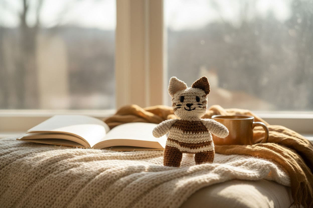 Crochet cat on a blanket with an open book and mug by a window